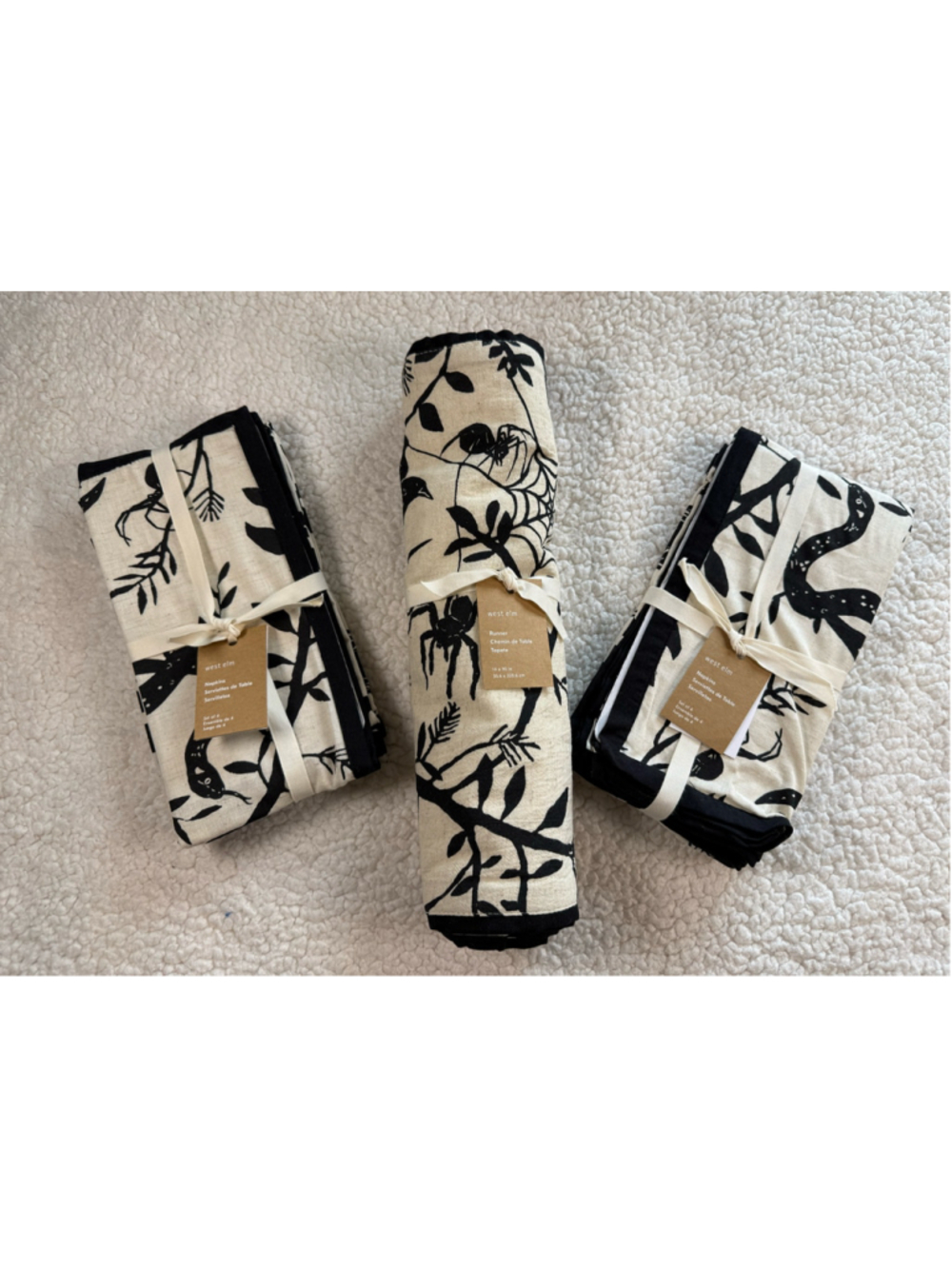 West Elm Spooky Toile Runner & 8 Napkins NWT Halloween Goth Augtober